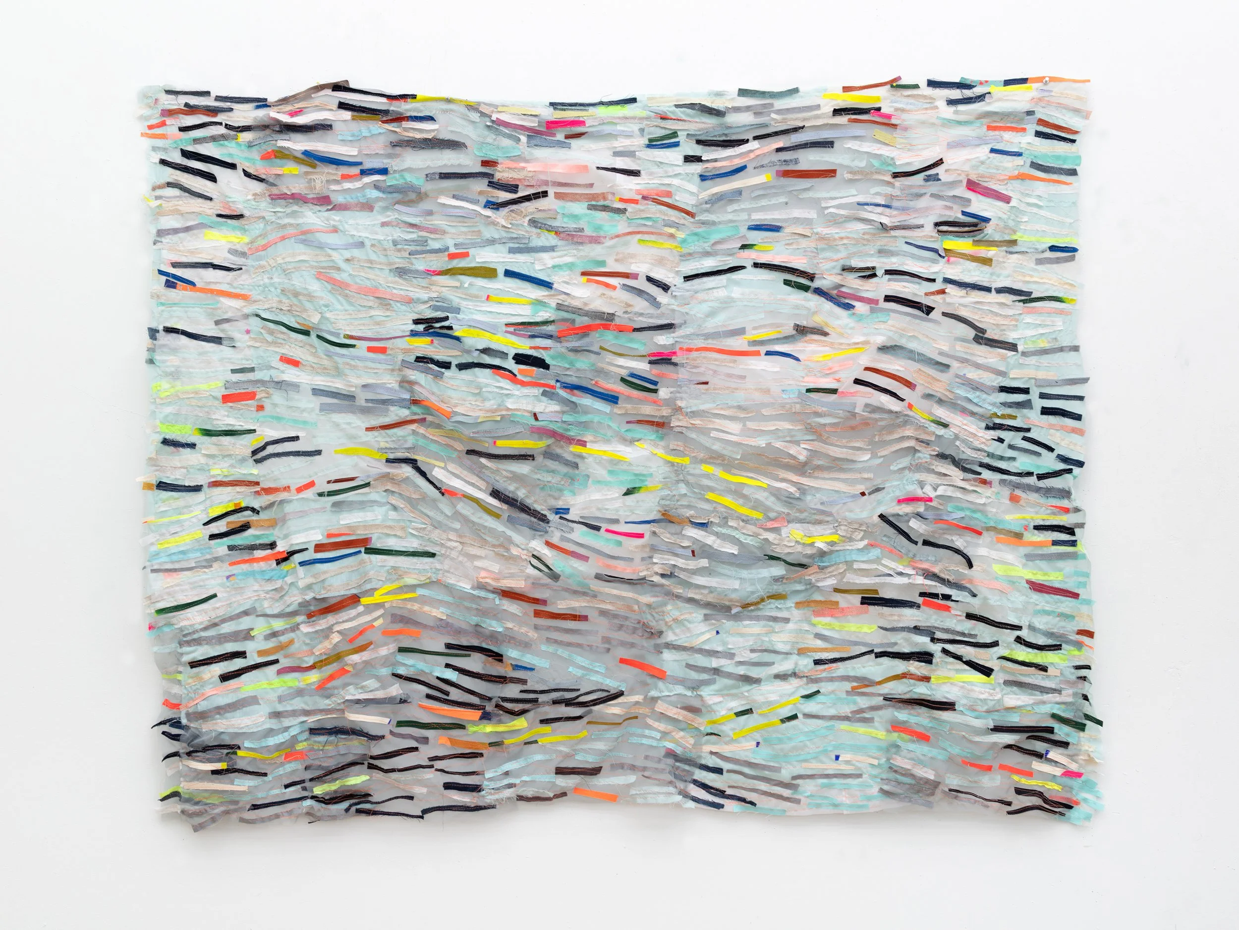 Awash machine sewn fabric and denim collage on silk and voile 52x68"