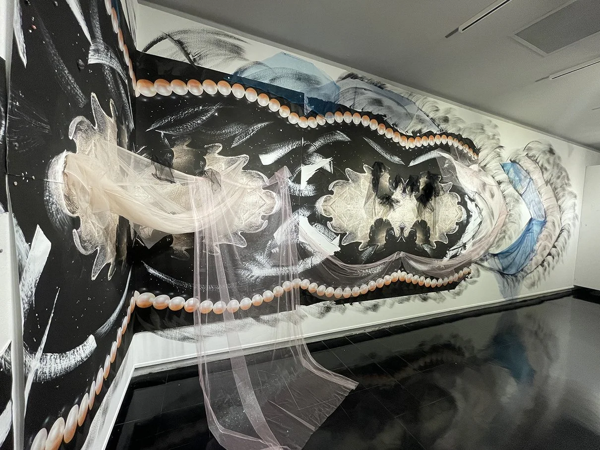 Venus Walks on Pearls II Detail  2024 print, paint, tulle, faux pearls, crystals, magnets 13 ft. x 69 ft. installation