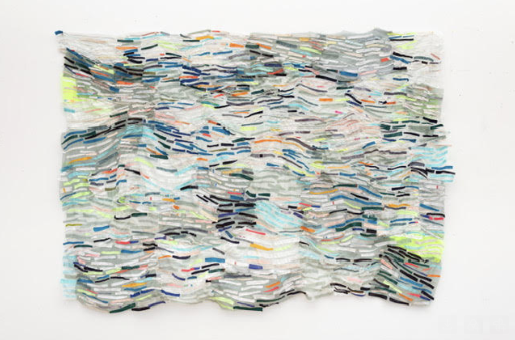 Afloat machine sewn fabric and denim collage on voile 54x78"
