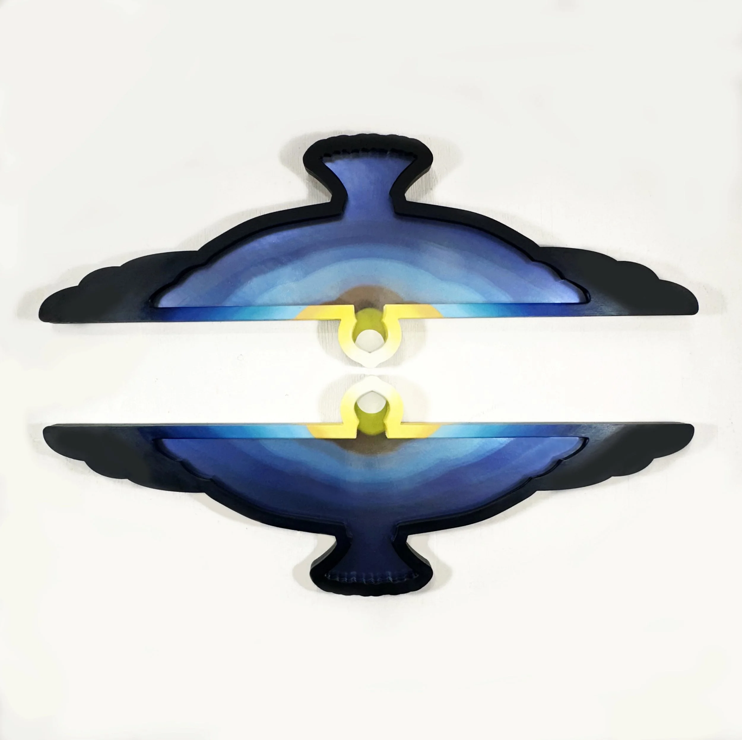 Birds of a Feather  2025 
Enamel On Kiln formed Glass mirror Oil Paint on Panel 
24x34 