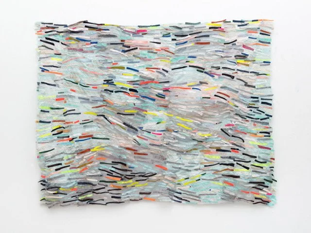 Awash machine sewn fabric and denim collage on silk and voile 52x68"