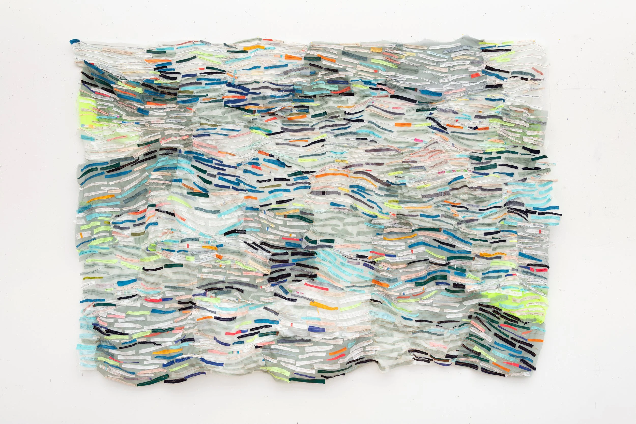 Afloat 
machine sewn fabric and denim collage on voile 
54x78"