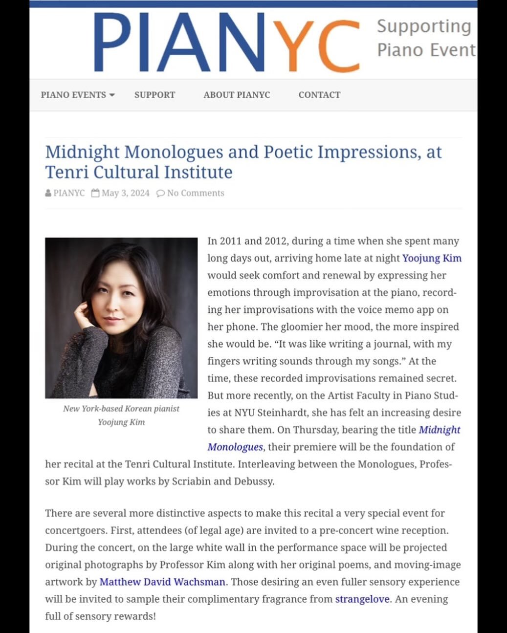 ✍🏻 The interview about my upcoming concert, Midnight Monologues and Poetic Expressions (5/9), is out now on the PIANYC main page. Check out the interview to get an exclusive glimpse of the concert, revealing one of my secrets 🤫, and join me this Th