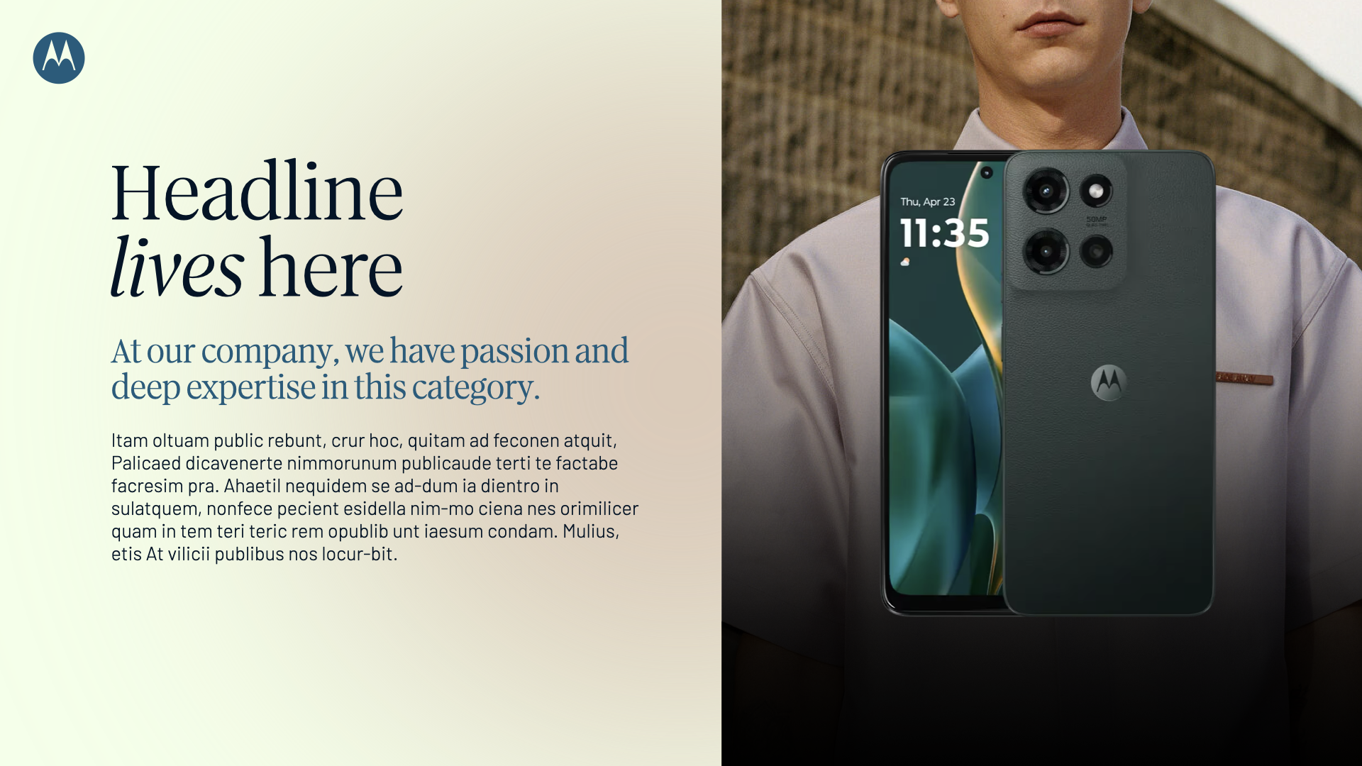 A promotional graphic for Motorola featuring a person holding a smartphone, with a color gradient background and a Motorola logo in the top left corner.