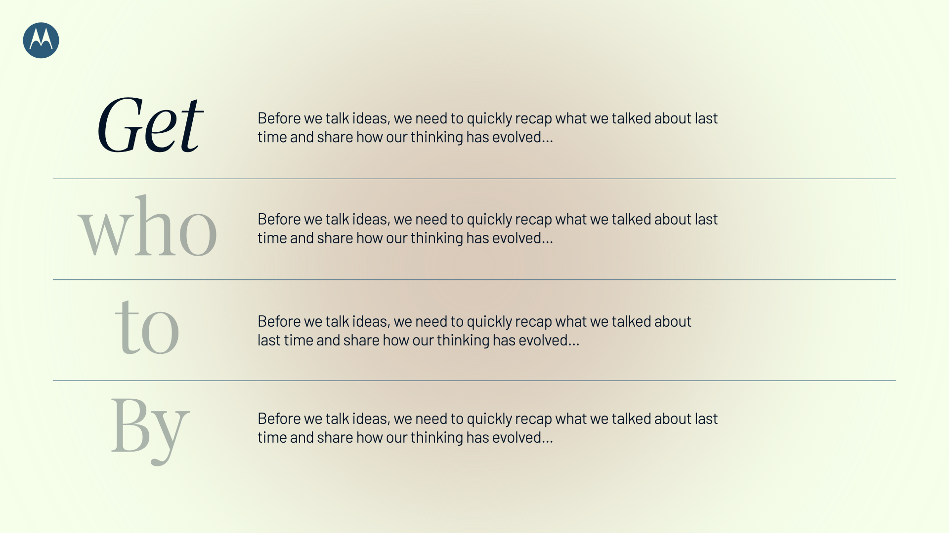 A light green background with the Motorola logo at the top left. The text 'Get who to by' in large font, with smaller explanatory text next to each word, indicating a recap of ideas discussed.