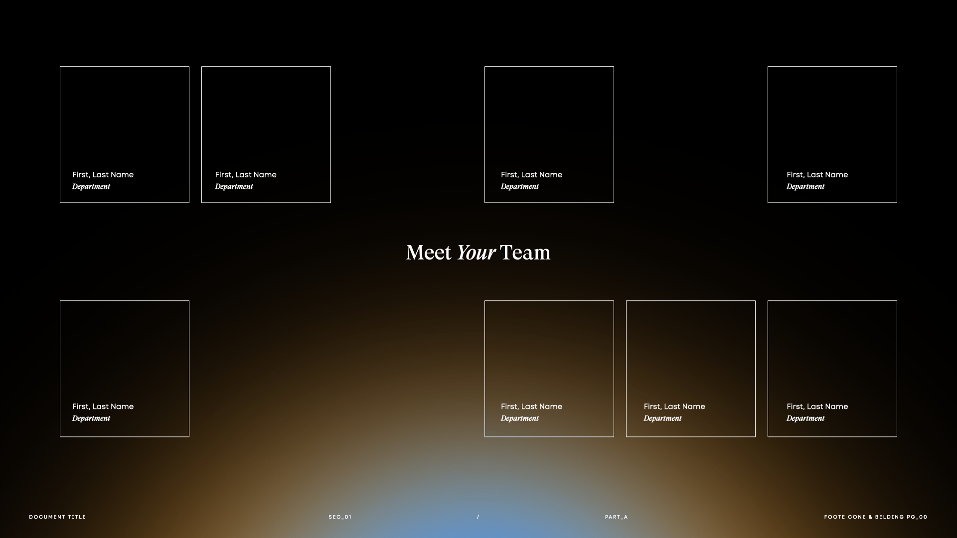 Template for team member profiles with sections labeled for first and last names, departments, and a central headline 'Meet Your Team' on dark gradient background.