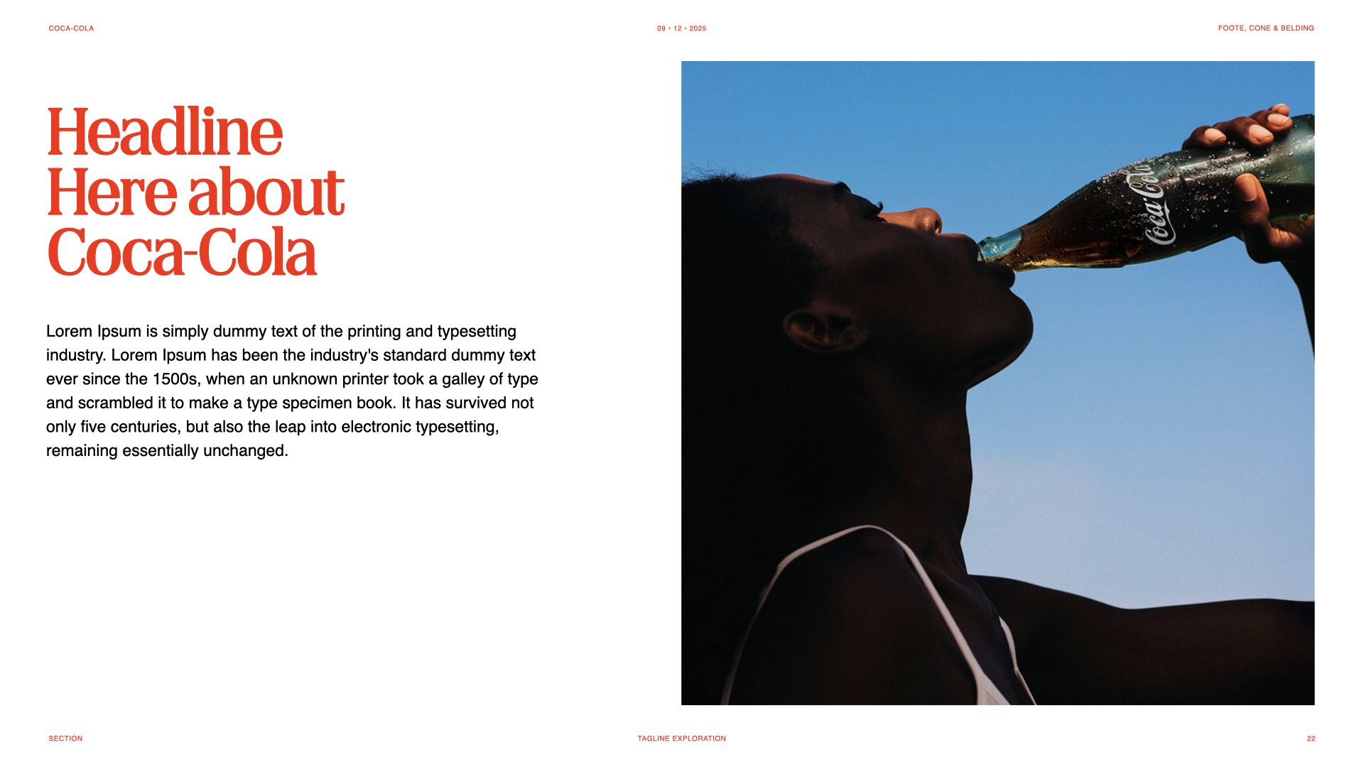 A person with dark skin and curly hair drinks from a glass bottle of Coca-Cola against a clear blue sky.