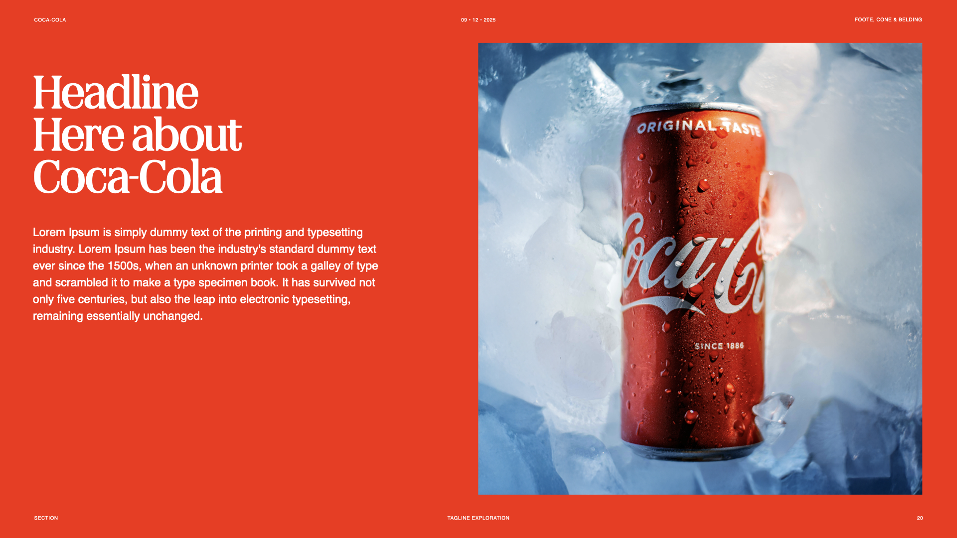 A can of Coca-Cola ice-cold with water droplets, surrounded by ice cubes.