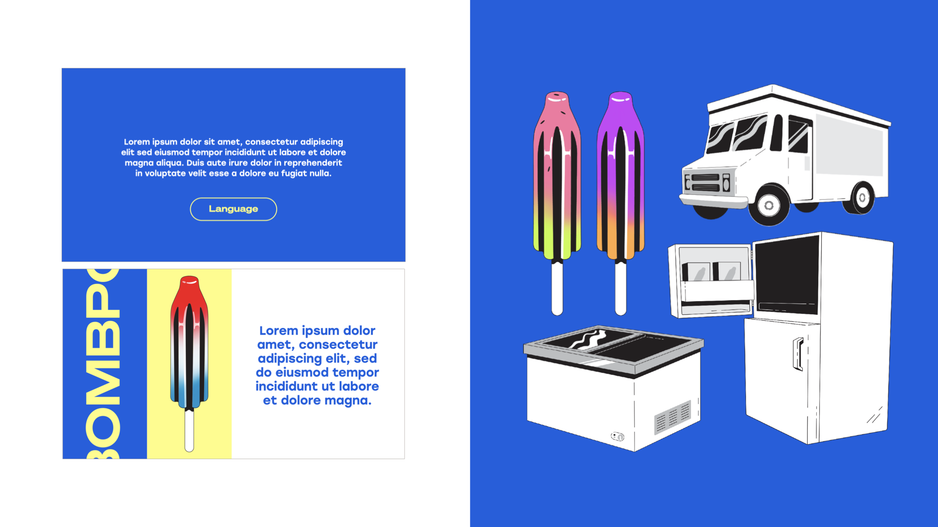 Collection of household appliances and items including two colorful popsicles, a white food truck, a microwave, a refrigerator, and a freezer against a blue background.