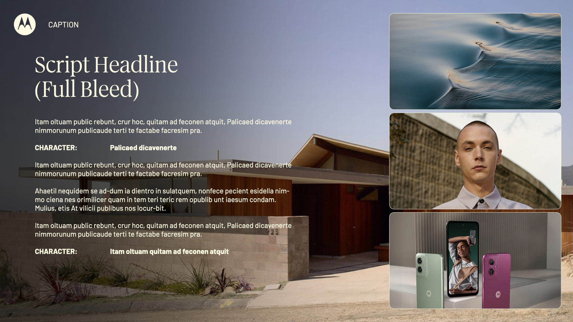Screenshot of a web page layout with a modern house, water, a young man, and smartphones. The page features a script headline, placeholder text, and a logo in the top left corner.