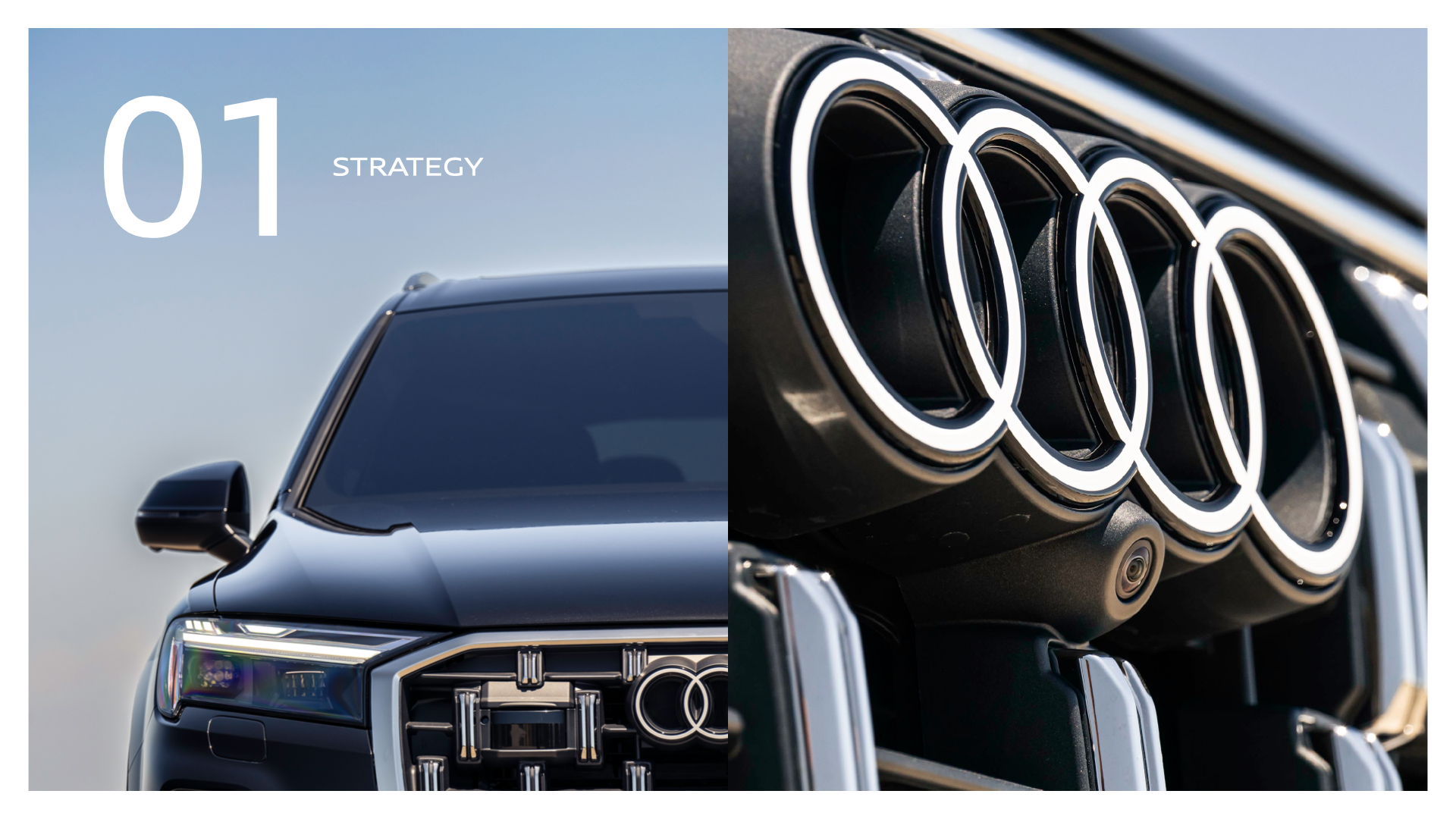 A black Audi vehicle with a close-up of the front grille, headlight, and side mirror on a clear day, with a background of a blue sky.