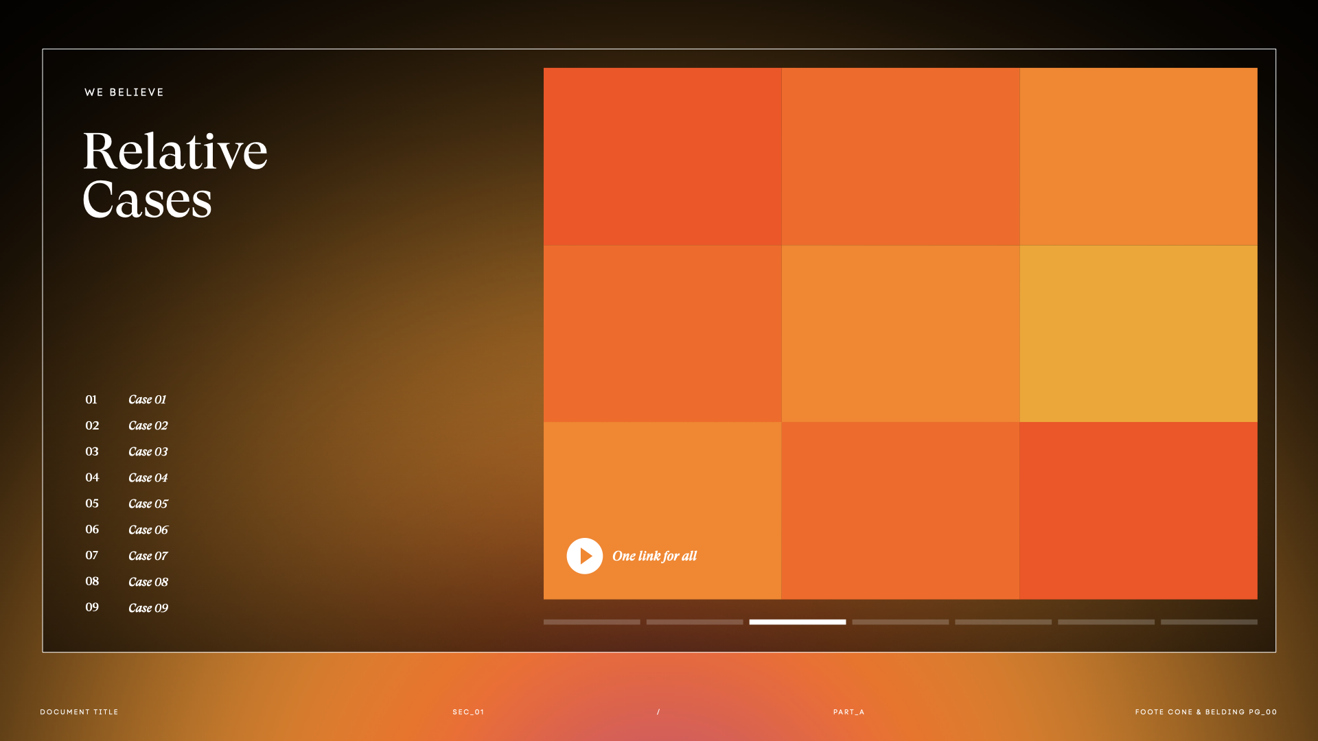 A presentation slide with a dark background and a large orange grid of rectangles. The slide has the text 'We Believe' and a list of nine case numbers on the left side. There is a play button icon with the caption 'One link for all' on the lower left.