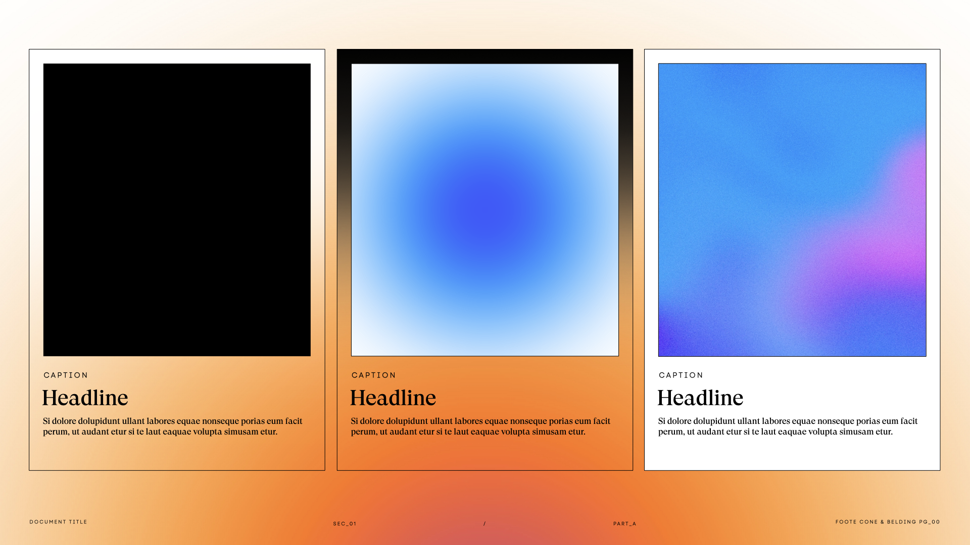 Three webpage templates side by side, each with a colored gradient block at the top, a headline, a caption, and placeholder text at the bottom, with a document title and footer information.