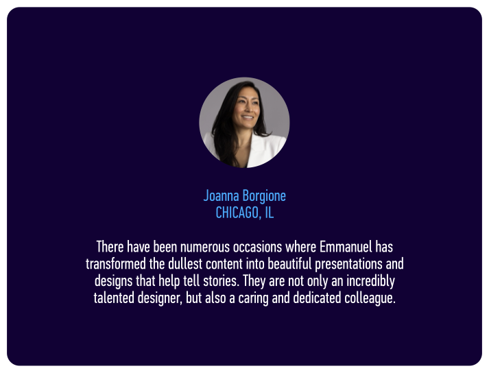 Profile picture of Joanna Borgione with her name and location, and a paragraph describing her talent and dedication.