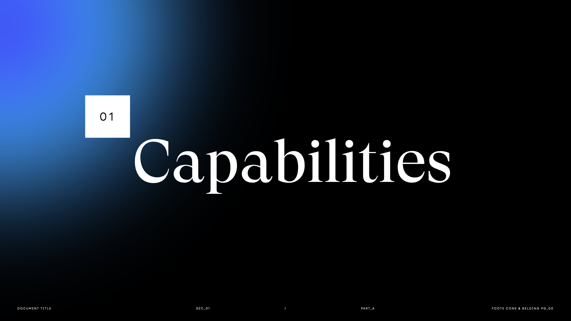 Slide titled "Capabilities" with a gradient background that transitions from blue on the left to black on the right, featuring white text and small footer details.