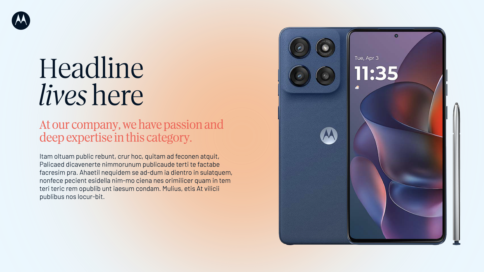 Promotional webpage featuring a blue Motorola smartphone with four rear cameras and a stylus. The page has a headline, subheading, and paragraph text on a gradient background with the Motorola logo in the top left corner.