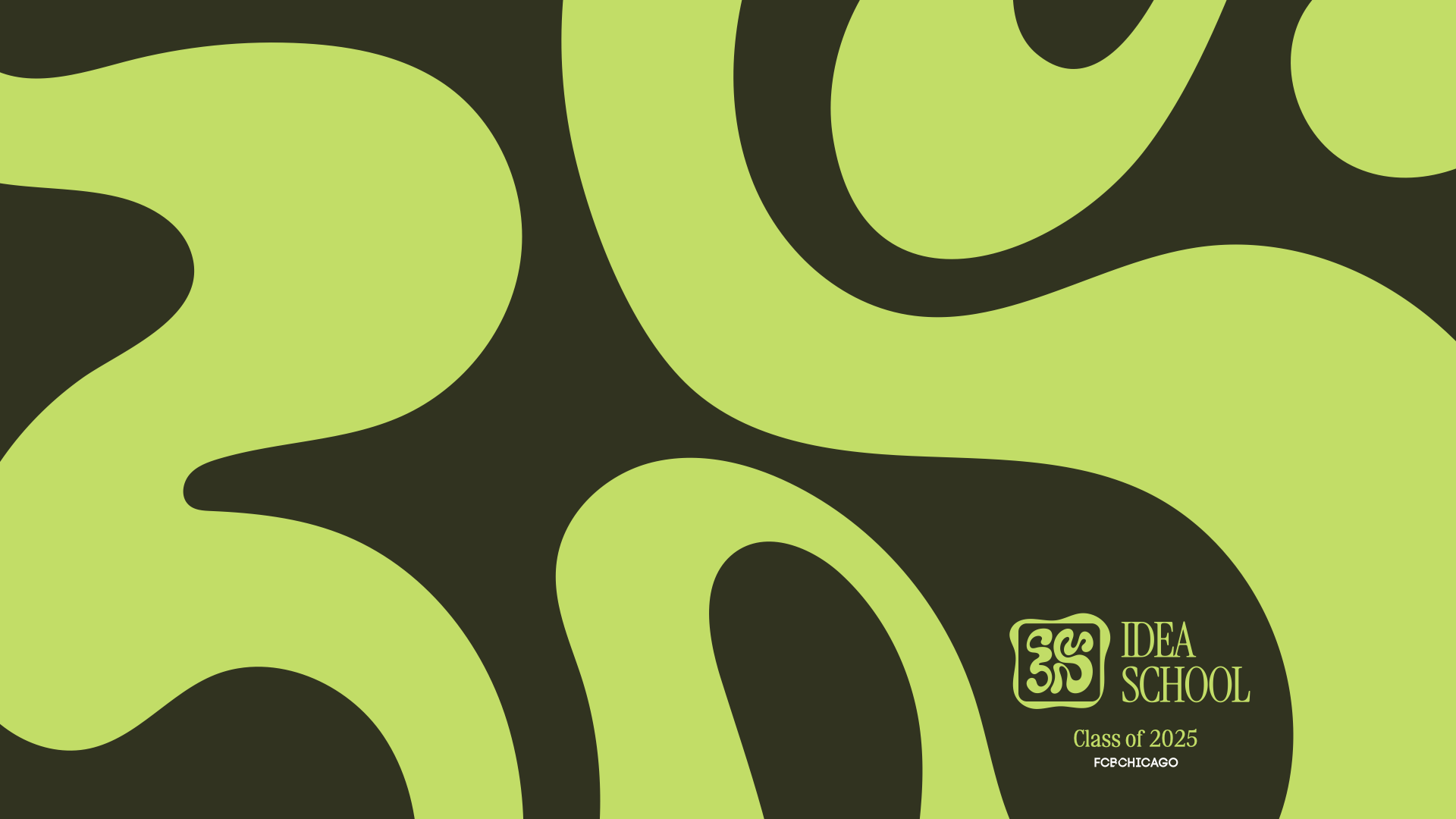 A geometric pattern with large green shapes on a black background, featuring the IDEA School logo, class of 2025, and FCB Chicago text.