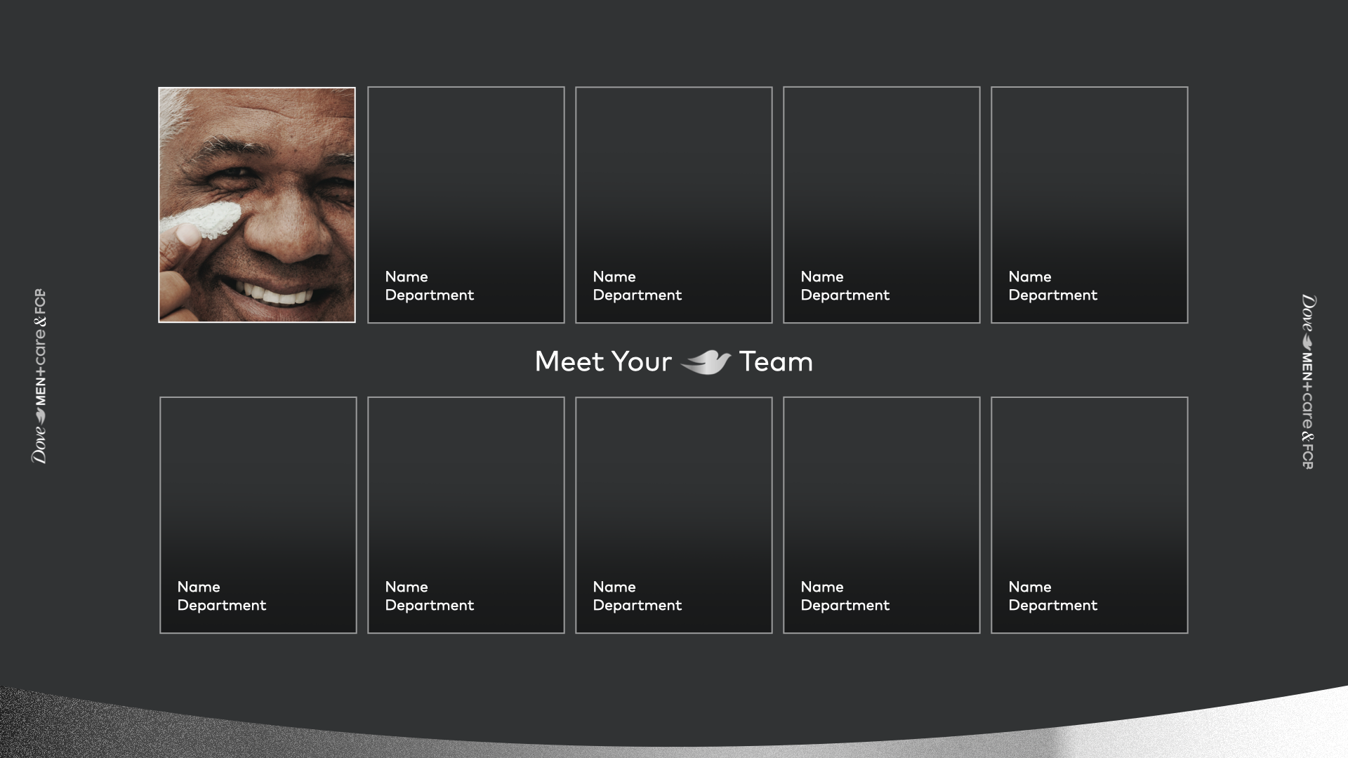 A digital team introduction poster featuring a smiling elderly man applying face cream. The poster has a dark background with placeholders for team member photos, names, and departments, and includes Dove Men+Care and FCF branding.