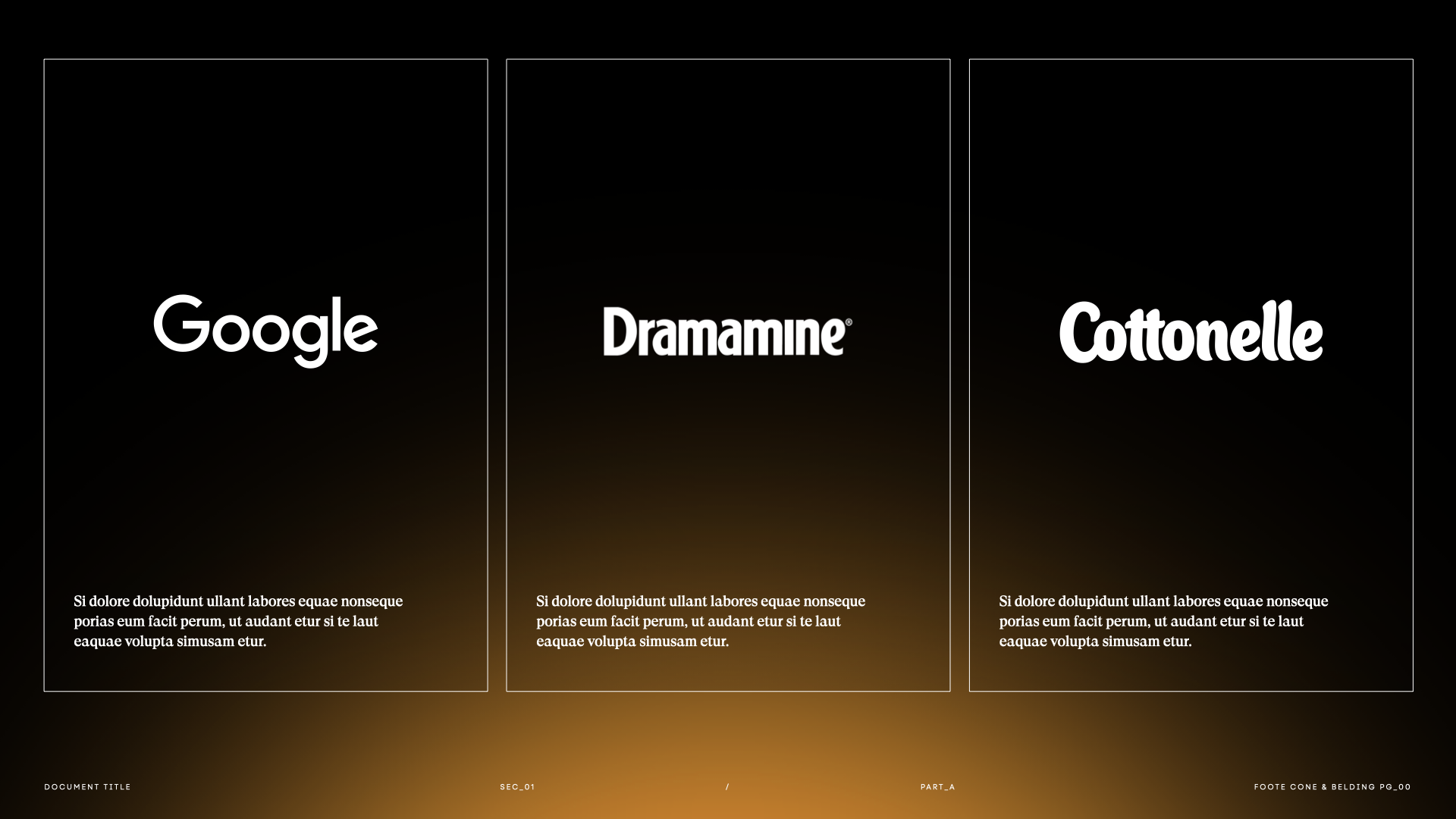 Three panels with black backgrounds, each featuring a white logo for Google, Dramine, and Cottonelle, with placeholder text beneath.
