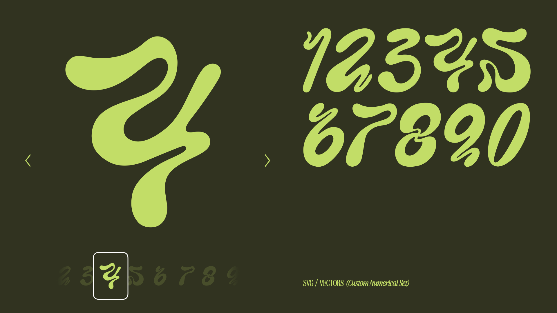 A digital image featuring a stylized numerical set in light green, with the numbers 1 through 0 arranged in a semi-random pattern on a dark background. The digits have a fluid, handwritten style, and there is small text at the bottom indicating SVG vector style and custom set.