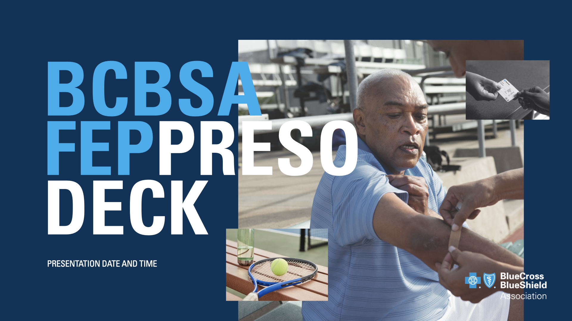 A brochure cover for BCBA FEPRESO DECK features a man receiving assistance to get a COVID-19 vaccine, with tennis and sports equipment in the background, and logos for BlueCross BlueShield Association.