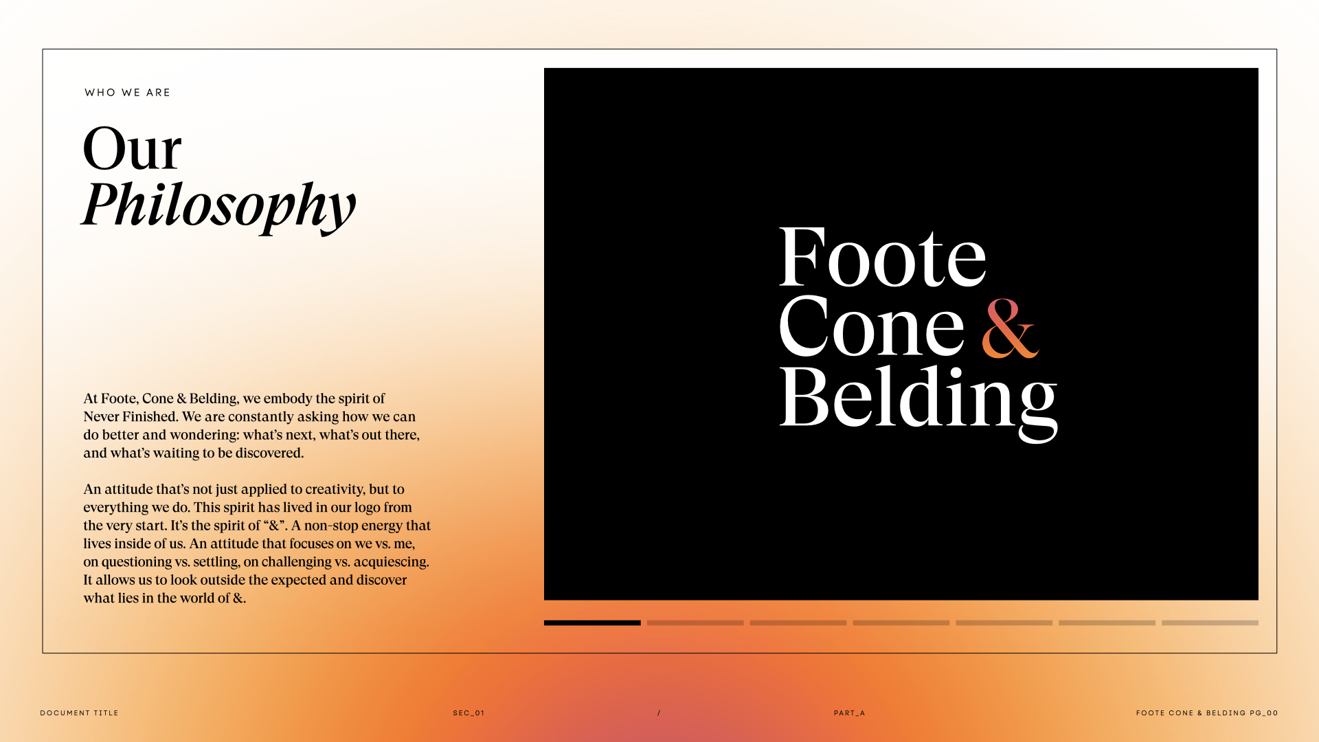 A webpage with a gradient background from white to orange, featuring text about the company's philosophy and values. The right side has a large black box with white and orange text reading 'Foote Cone & Belding'.
