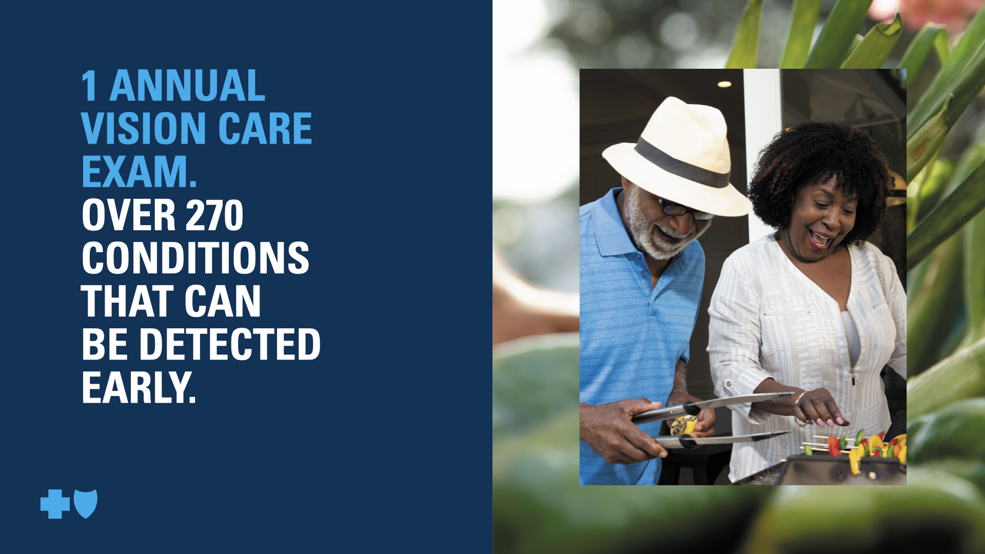 A promotional graphic for an eye care exam service, showing a couple smiling and looking at a plate of food outdoors, alongside bold text about annual vision care exams and conditions detectable early.