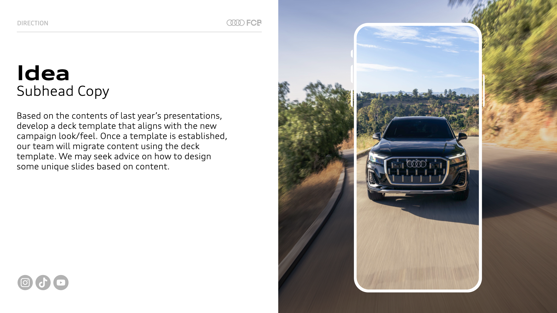 A black Audi SUV driving on a winding road surrounded by trees and hills, with a smartphone graphic overlay depicting the same scene.