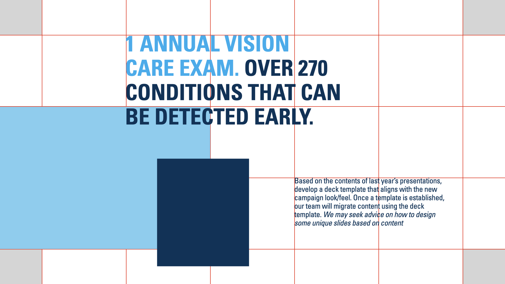 Part of a presentation slide with text about annual vision care exams and conditions, with overlay grid and red guidelines.