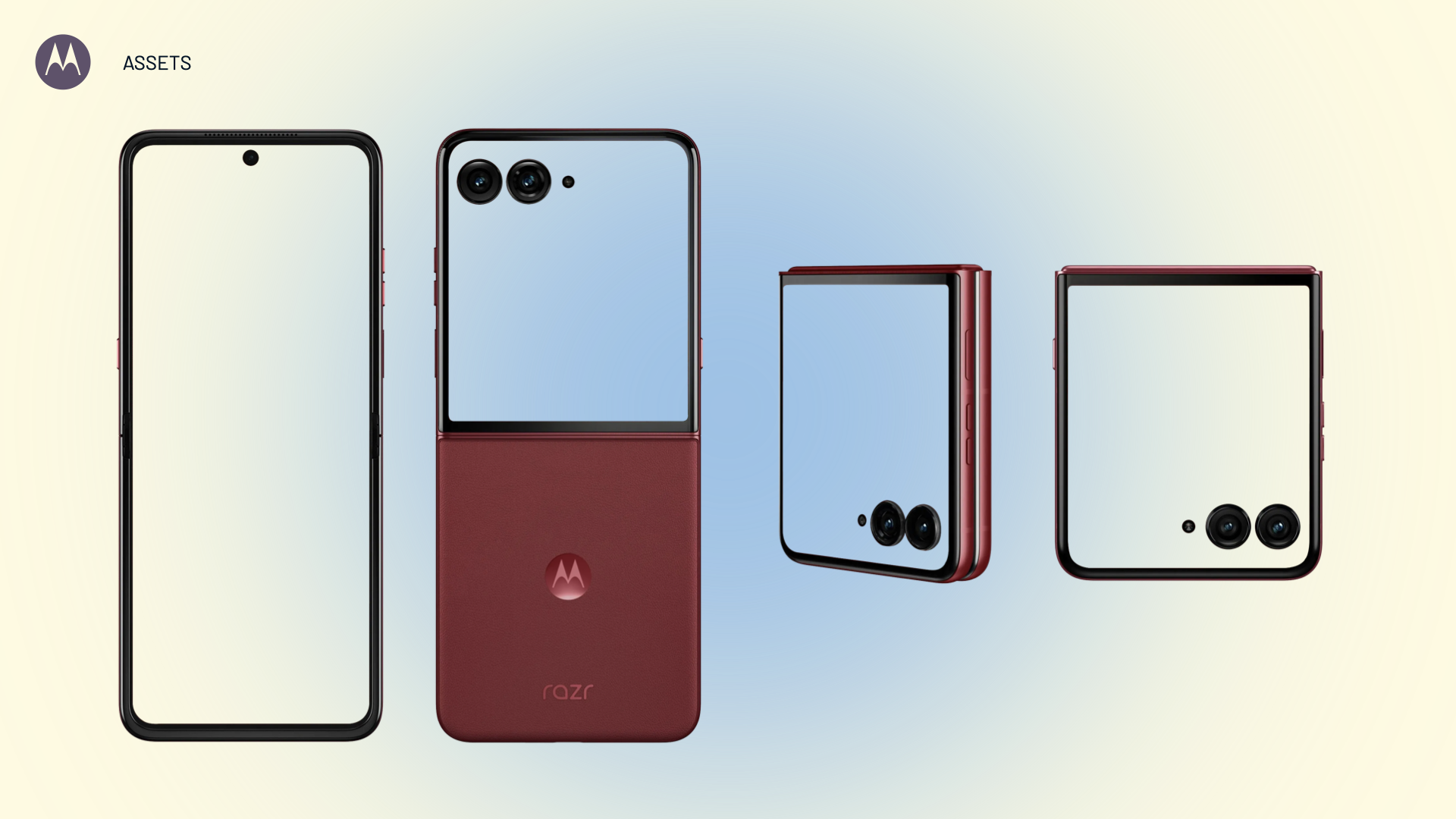 Various smartphones displayed, including a front view and several angled views, with one phone showing a dual-camera setup on the back. The background is a gradient with the Motorola logo and the word 'ASSETS' in the top left corner.