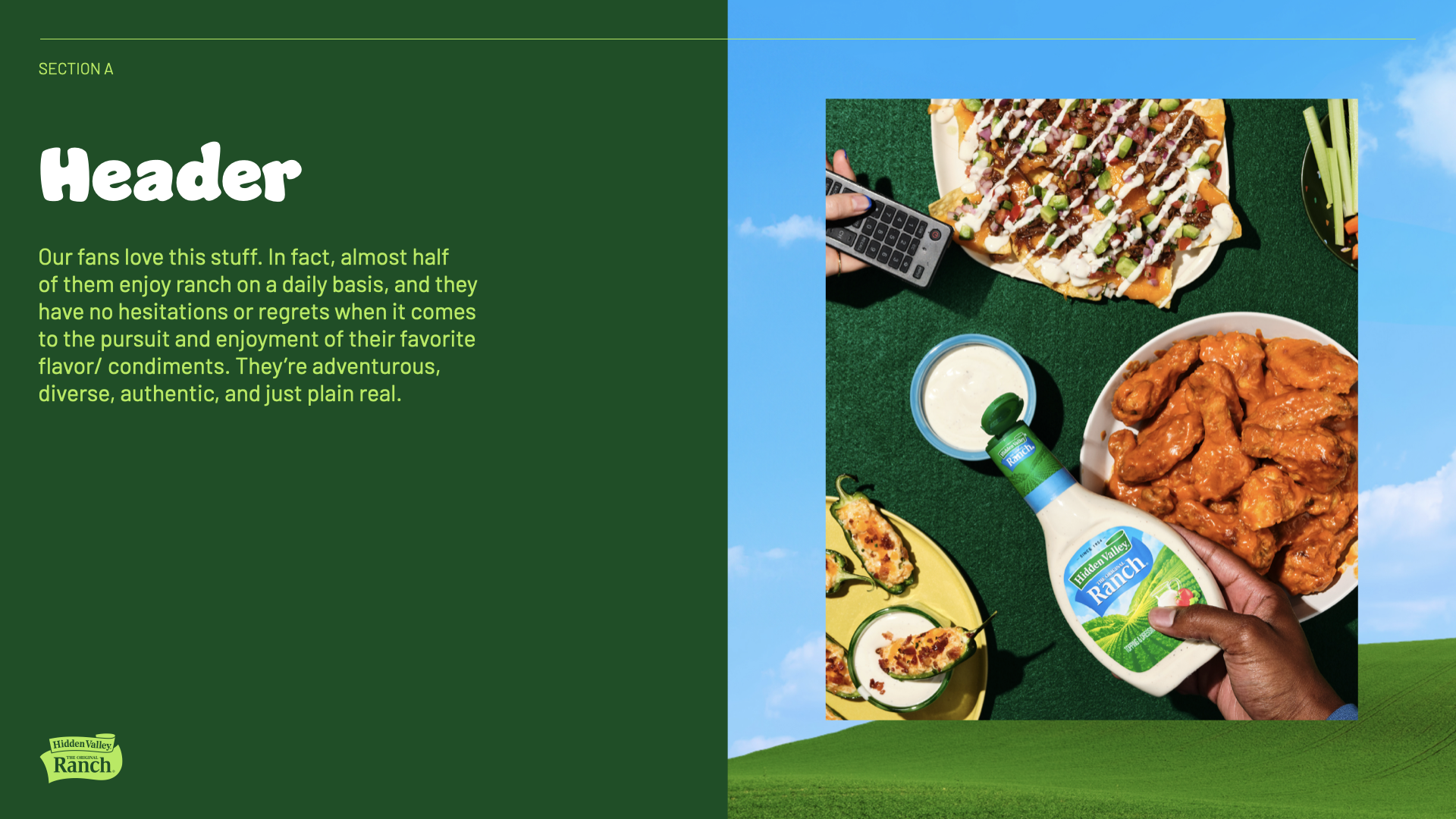 A picnic table with a plate of nachos, a bowl of buffalo chicken wings, a bowl of ranch dressing, a bottle of Hidden Valley ranch dressing, and a container of celery sticks, outdoor setting with blue sky and clouds.