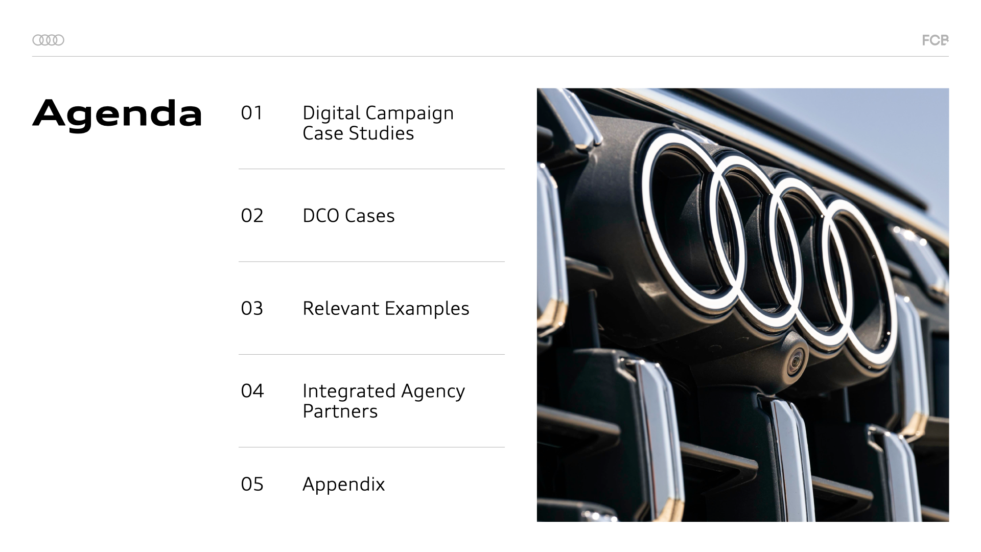 Page from a presentation or brochure with agenda on the left side, numbered items including digital campaign case studies, DCO cases, relevant examples, integrated agency partners, and appendix on a white background. On the right side is a close-up photo of the front grille of an Audi car, displaying the four interlinked silver rings logo.