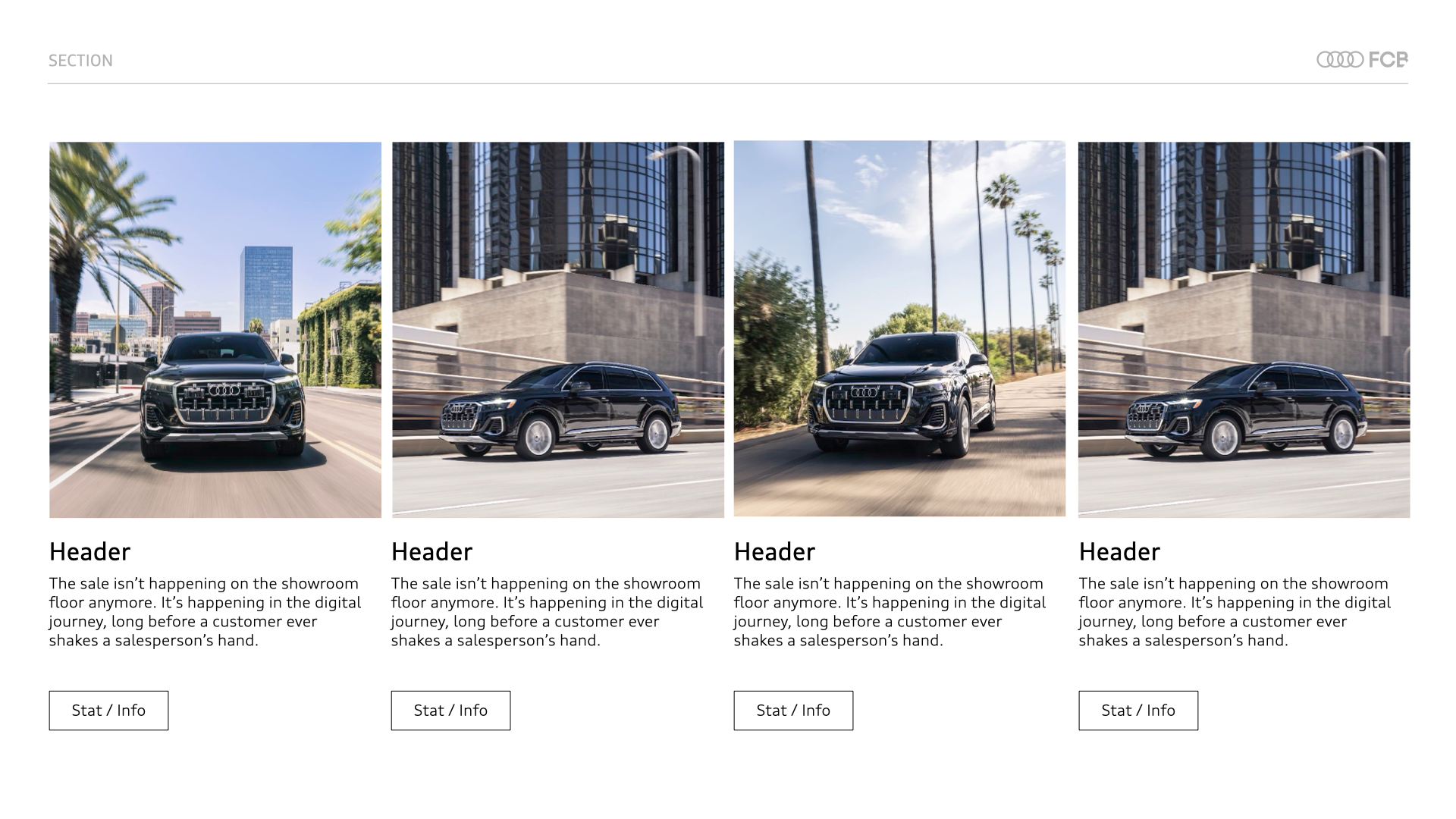 Images of a black Audi SUV in motion on different urban and suburban streets with modern buildings and palm trees.