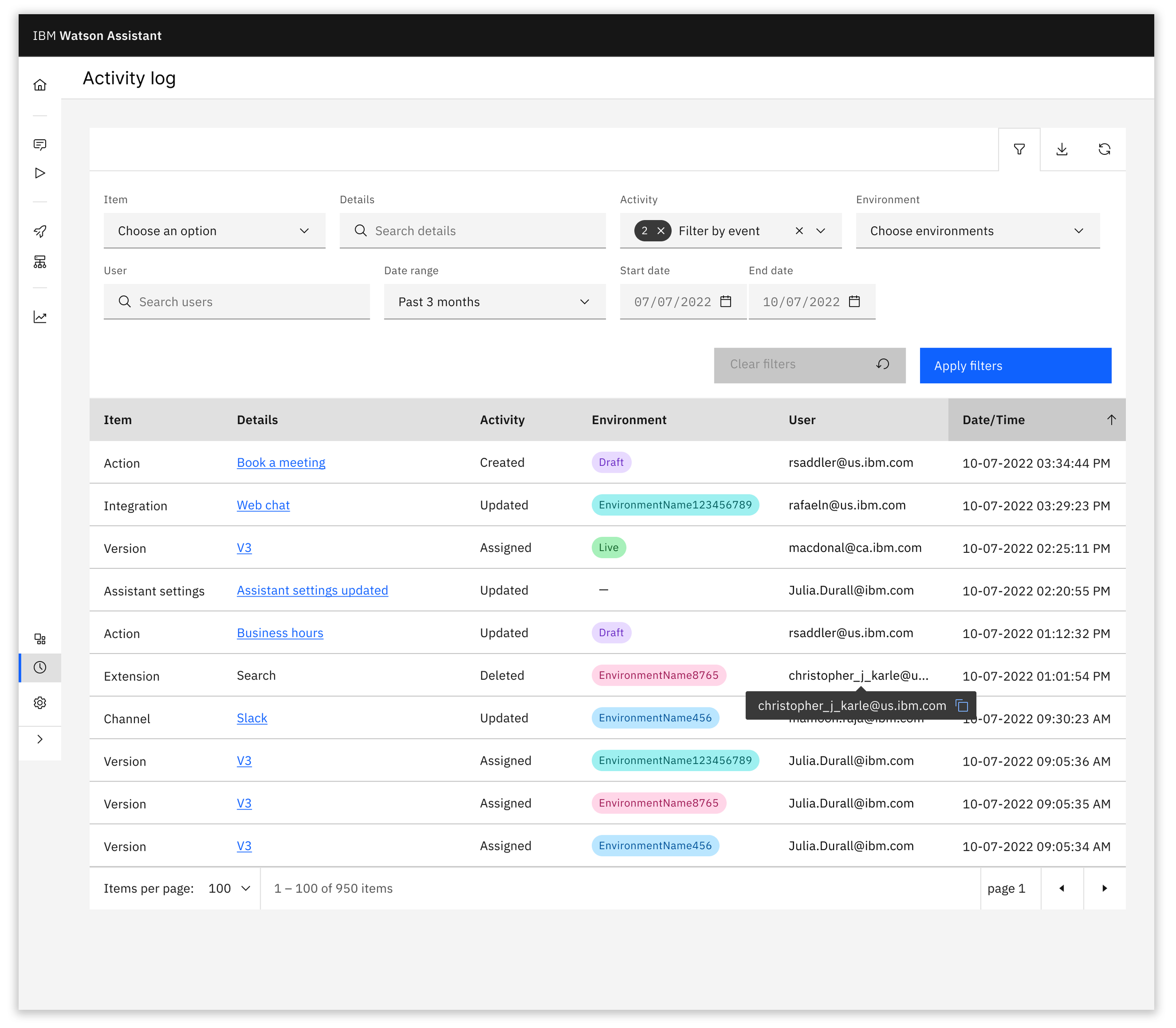 Activity Log page in Watson Assistant (version 2)