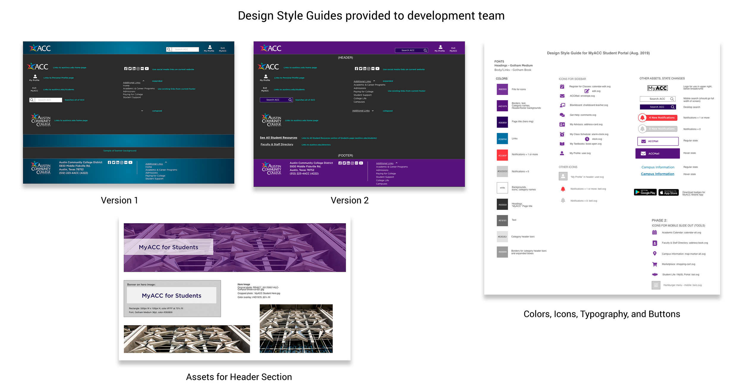 Design assets provided to development including style guides, icons, and images for website header