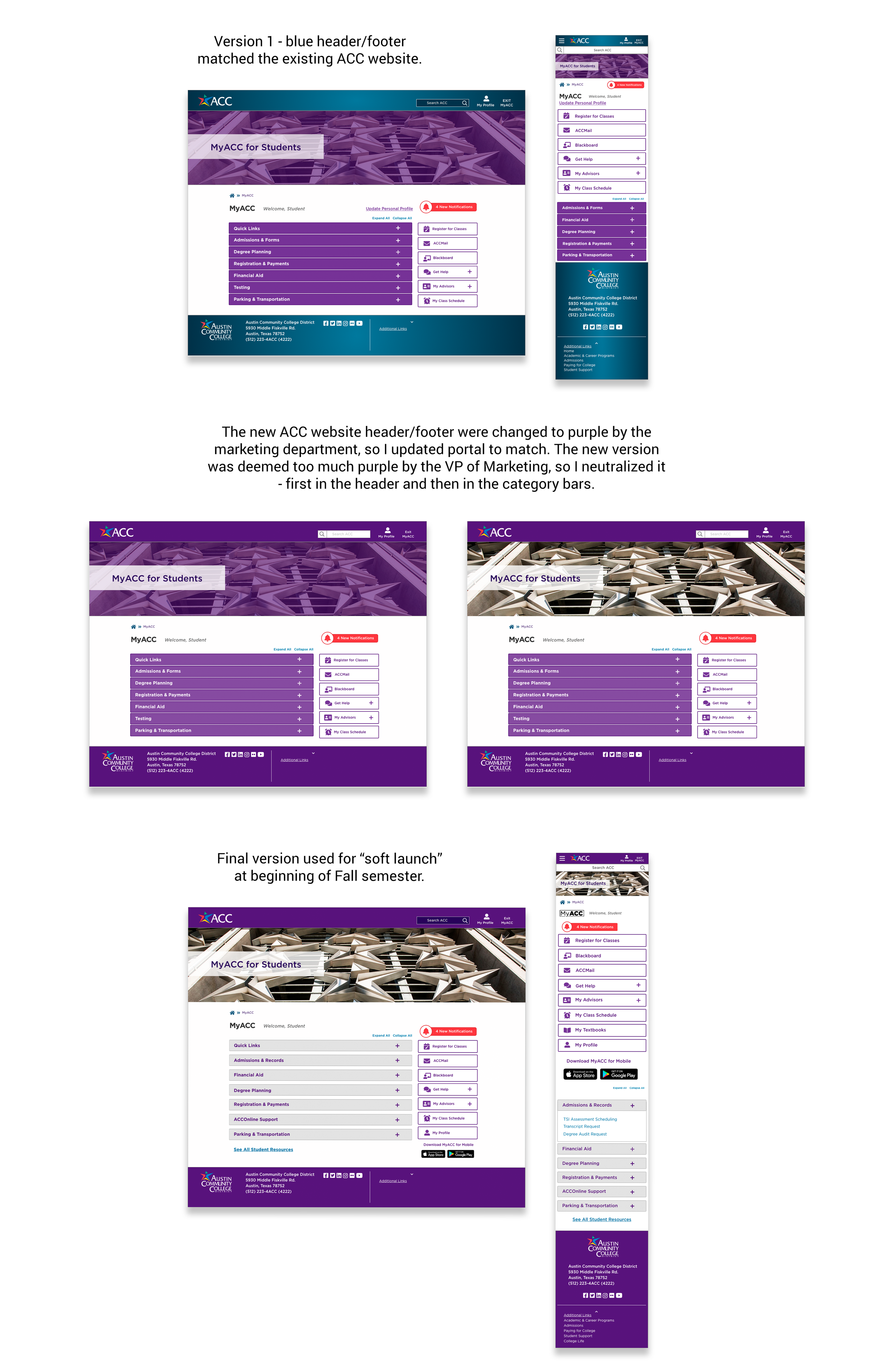 Iterations of design of MyACC portal landing page