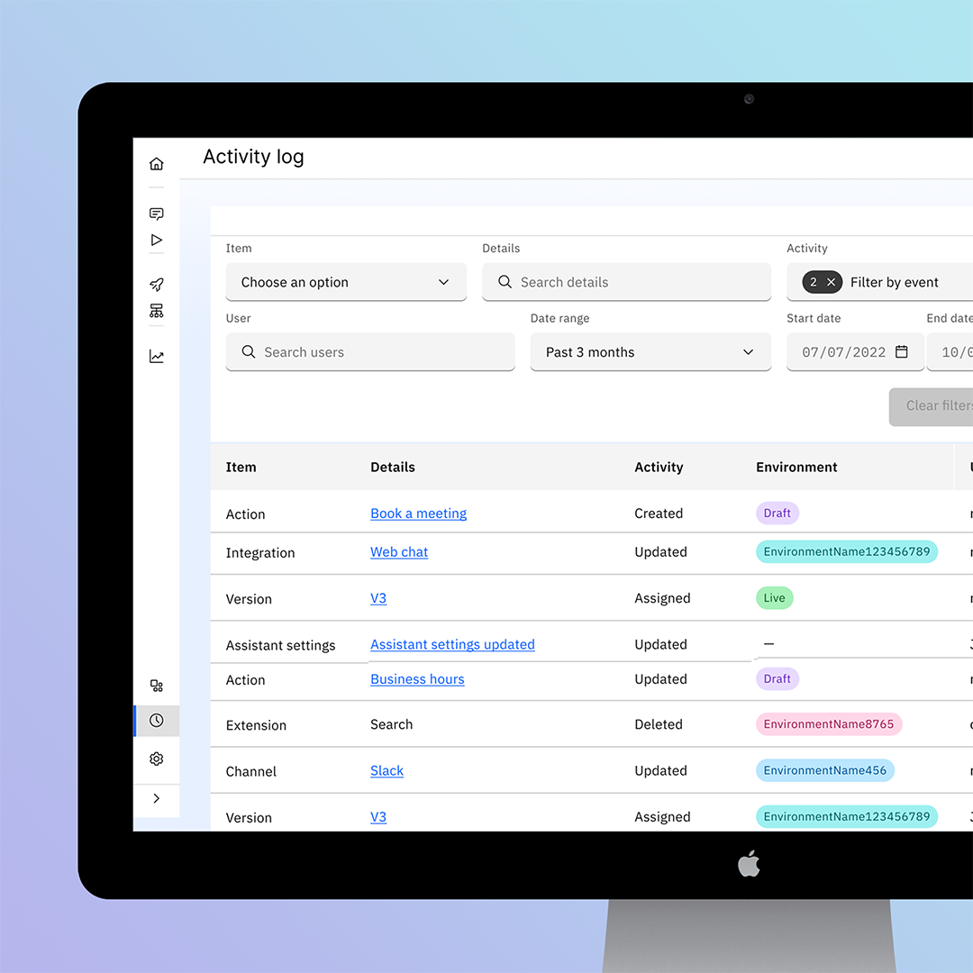 Activity Log with filters open on desktop monitor