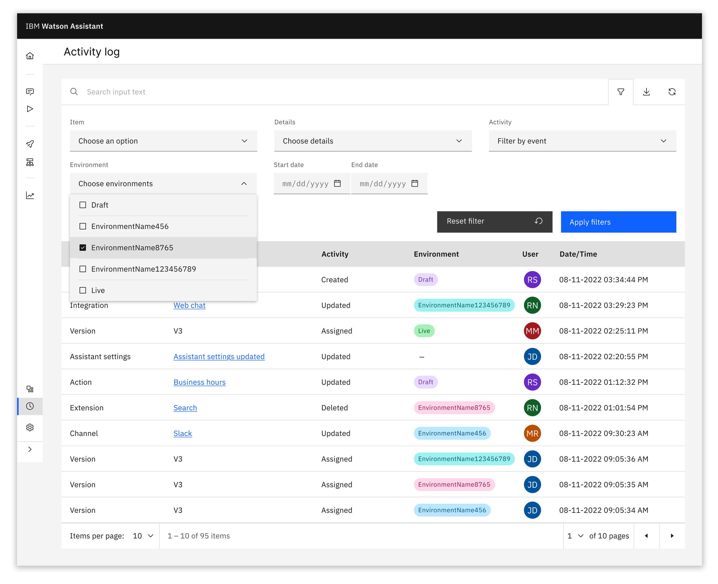 Activity Log page in Watson Assistant (version 1)
