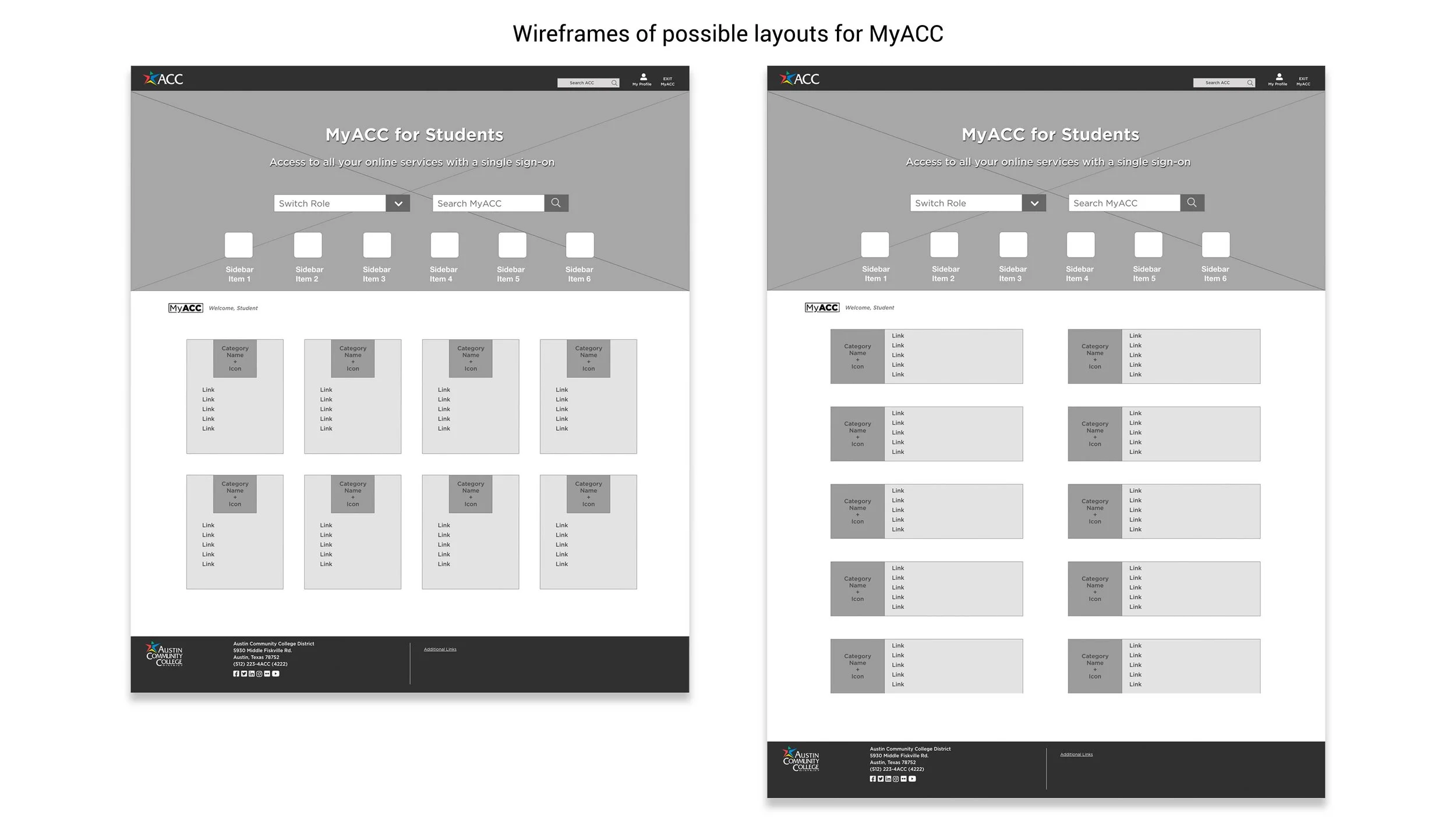 two wireframes of designs for version 2 of MyACC portal landing page