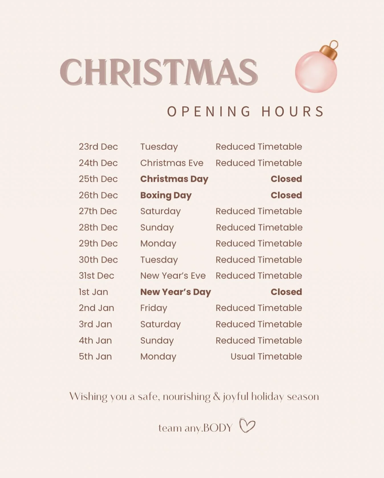 Your movement doesn&rsquo;t have to stop over the holidays 🎄

Our hours will be reduced, but we will still be open throughout the festive season! Check the app for class times and be sure to secure your classes soon! 

🤍 the any.BODY team