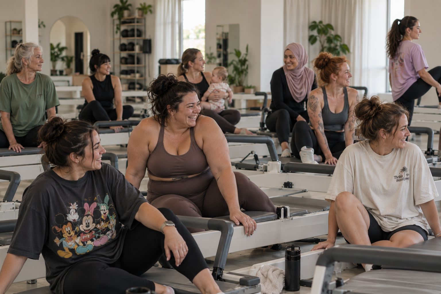 A group of women smiling during a reformer Pilates class at any.BODY studio