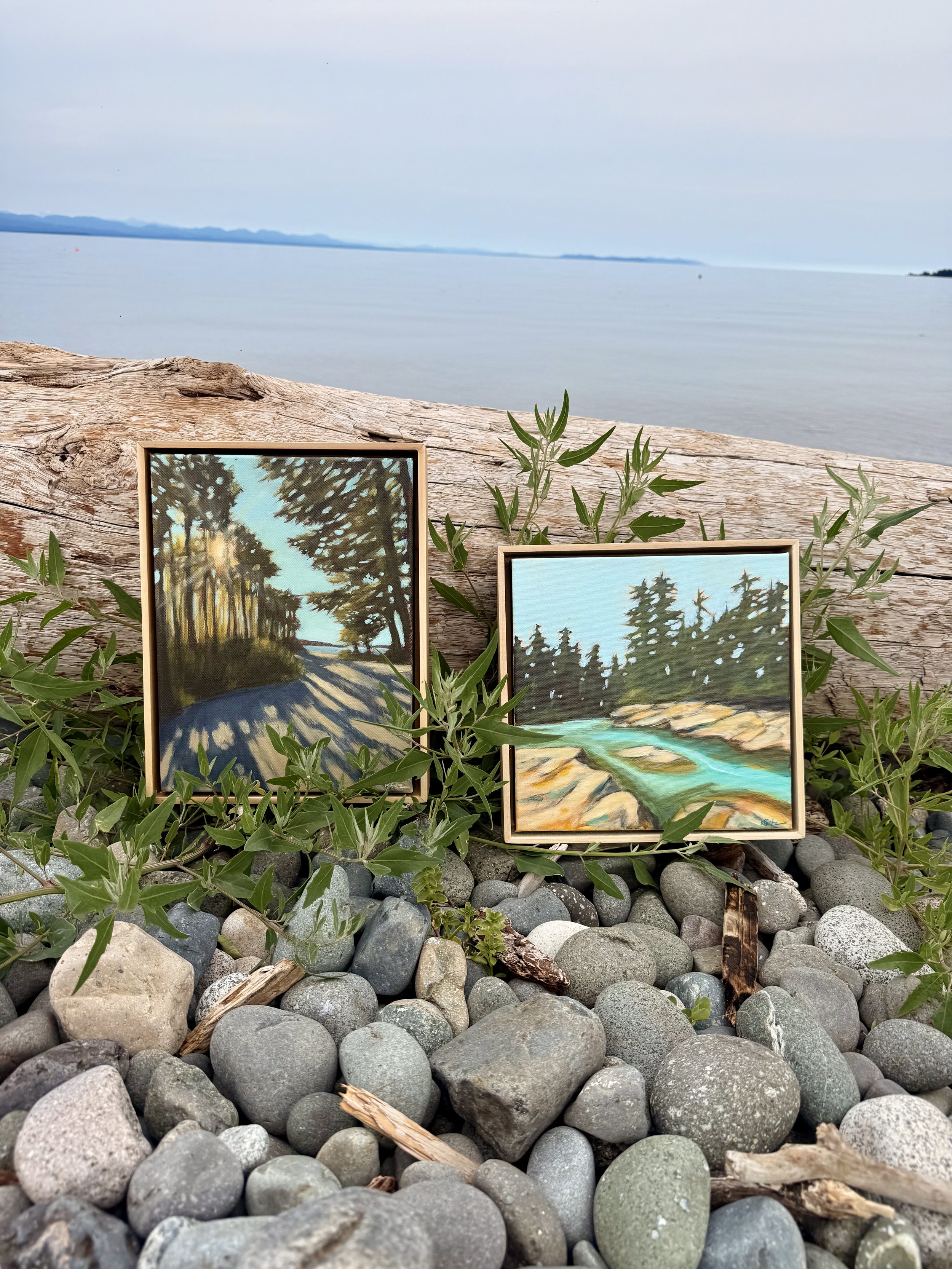 Two framed landscape paintings leaning against a piece of driftwood on a pebble beach with green plants, overlooking a calm body of water with distant land on the horizon under a cloudy sky.