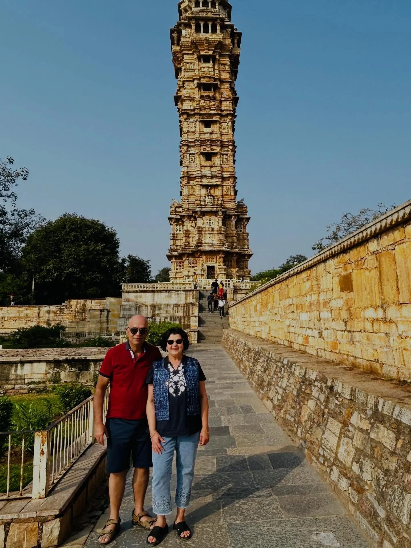 Very famous victory tower from the 15th century, intricately carved all the way to the top, in Rajasthan