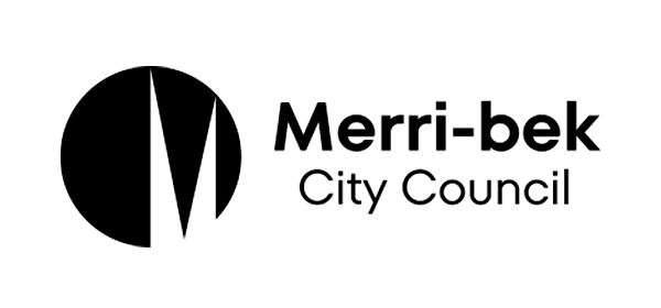 Merri-bek City Council logo with black circle and stylized initials 'M' and 'b'