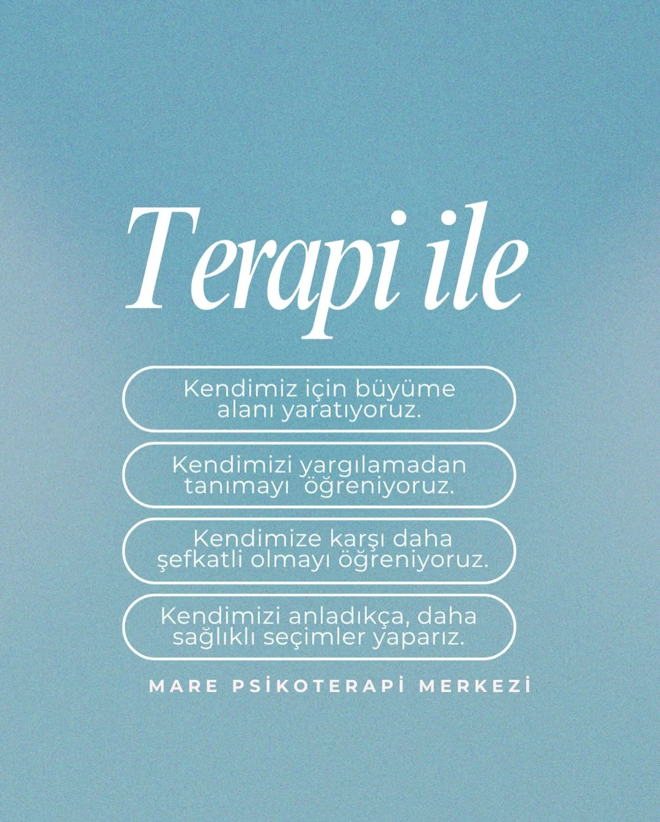 Terapi bizi değiştirmez; kendimiz i&ccedil;in b&uuml;y&uuml;me alanı a&ccedil;ar.
Kendimizi tanır, i&ccedil; d&uuml;nyamızı anlar ve kendimize daha şefkatli davranmayı &ouml;ğreniriz.