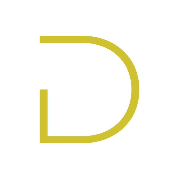 A stylized yellow outline of the letter D on a white background.