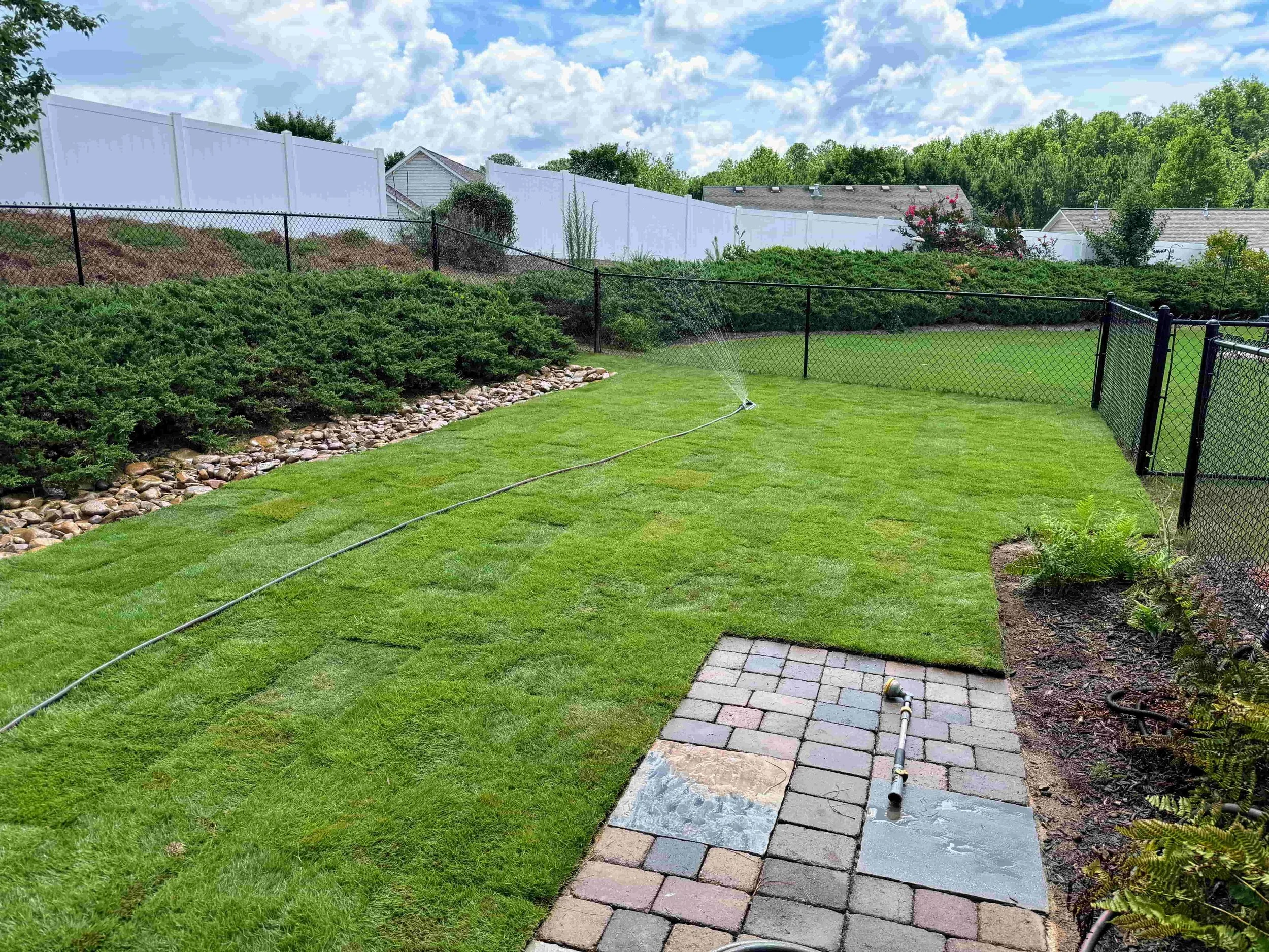 Backyard featuring sod installation and bordering dry creek bed for GreenKeepers customer in Athens GA