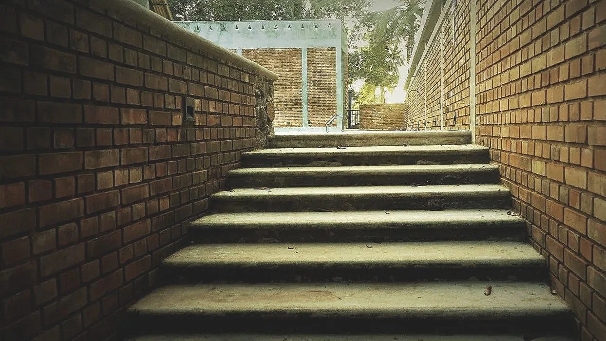 Concrete stairs between two brick walls leading to an outdoor area with trees and a brick building in the background.