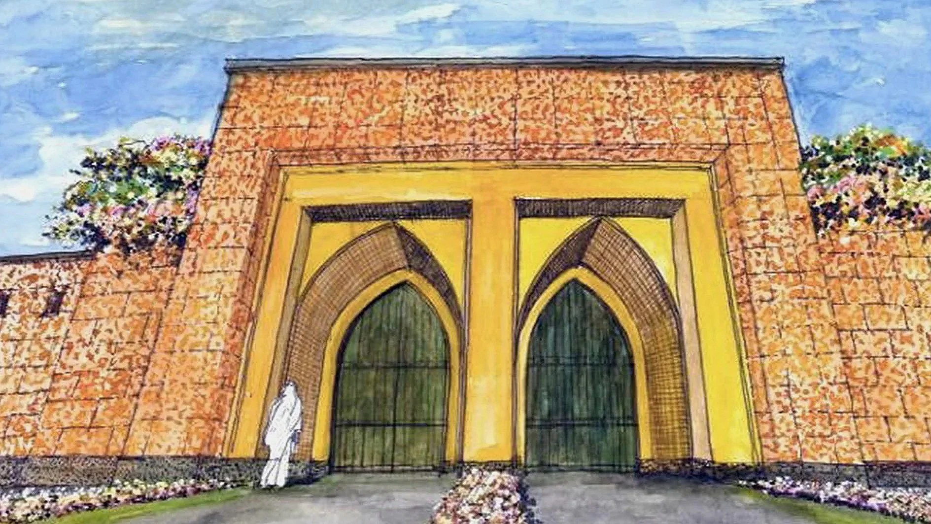 A watercolor painting of a church with a large arched yellow door, flanked by two floral arrangements on the walls, with a woman in a white dress standing near the door, and a blue sky with clouds overhead.