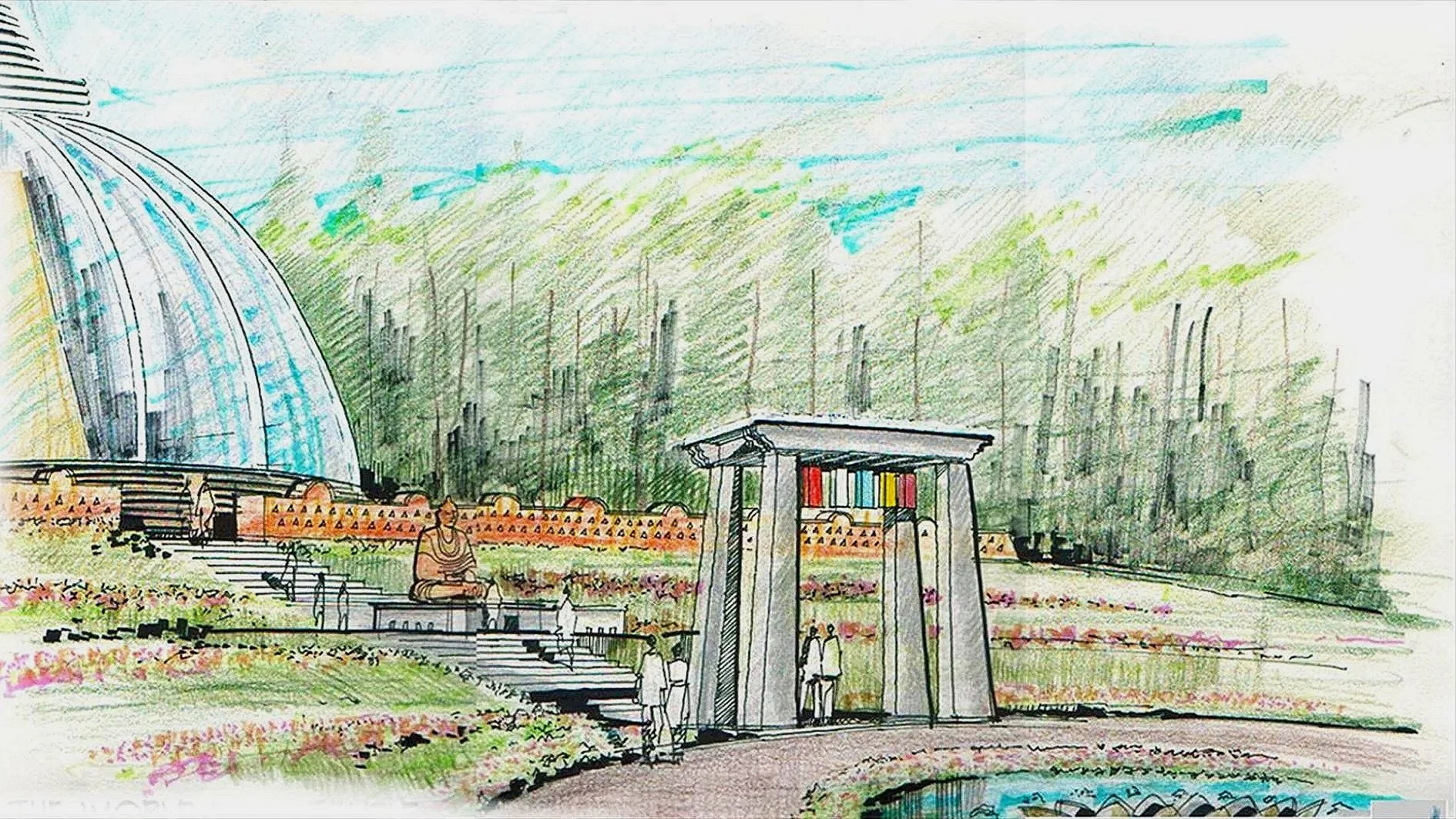 A colorful architectural sketch of a park with a geodesic dome, a Buddhist statue, and various structures surrounded by greenery and flower beds.